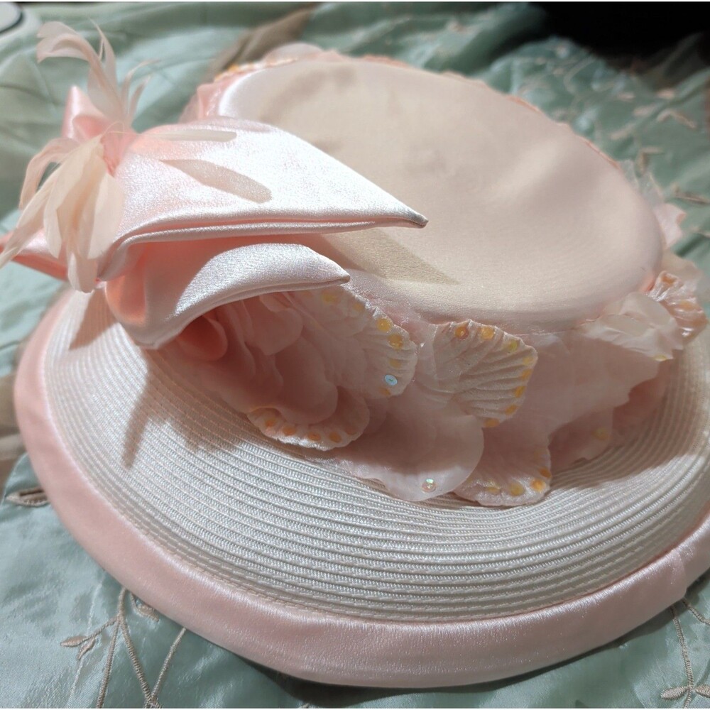 Whittall Shon Pink Derby Hat Bow Sequin Feather Woven Vintage Style - Picture 4 of 16